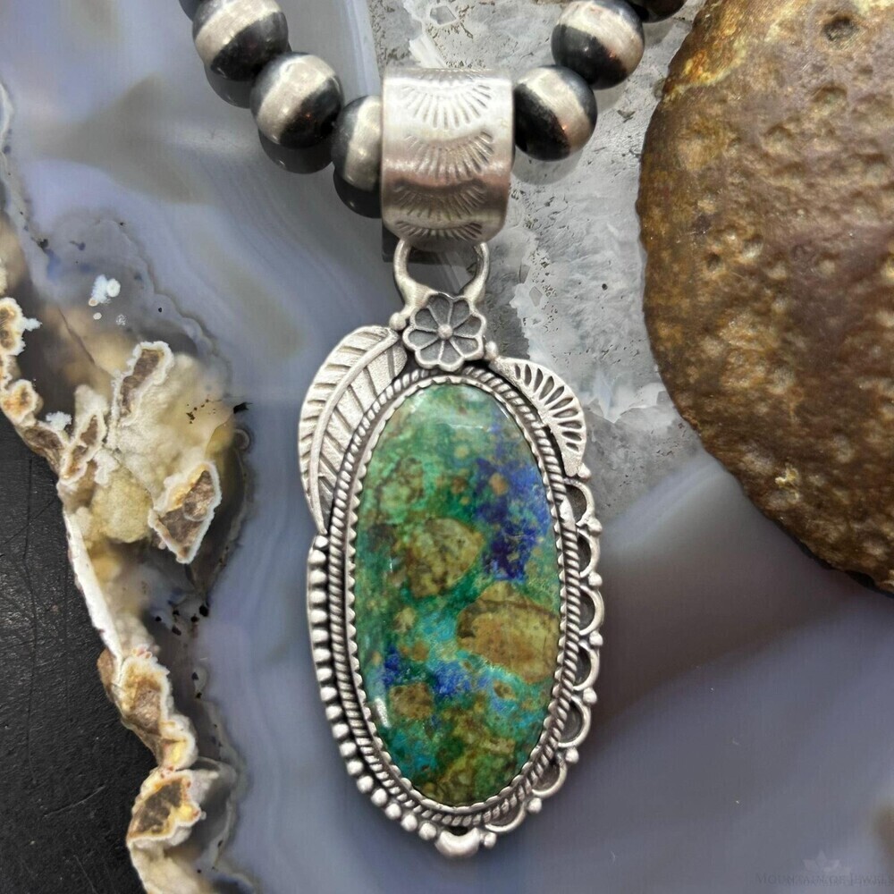 Sterling Southwestern Style Elongated Chrysocolla Decorated Pendant For Women